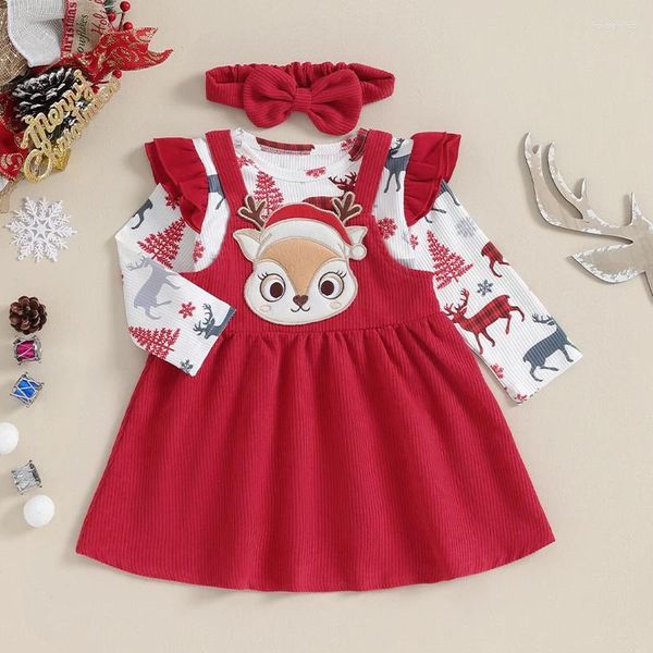 Ensembles de vêtements pour bébés filles, vêtements de noël, imprimé élan, barboteuse, robe à bretelles, bandeau, tenues de noël, Costume