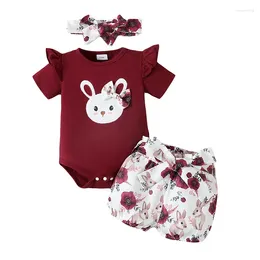 Kledingsets Geboren babybabymeisje Pasen-outfits Letters Print Korte mouw Romper Elastische taille Shorts Hoofdband 3-delige set