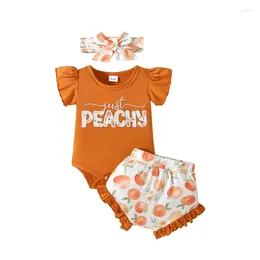 Vêtements d'été pour bébés filles, vêtements d'été à volants, manches courtes, barboteuse, pêche, short, bandeau, tenue mignonne, 3 pièces