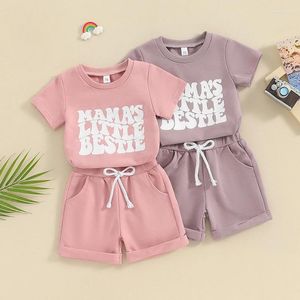 Kledingsets Geboren baby-babymeisje Zomerset Letterprint T-shirt met korte mouwen en ronde hals met effen kleur shorts 2-delige outfit