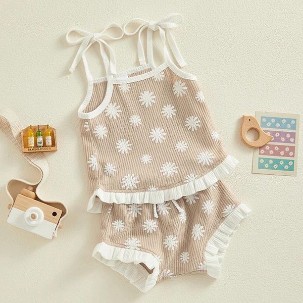 Conjuntos de ropa Nacido Infantil Bebé Niña Ropa de verano Waffle Punto Flor Sin mangas Halter Top Volantes Bloomer Shorts Conjunto Lindo Traje 3pcs