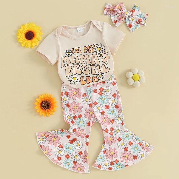 Vêtements ensembles nés bébé bébé bébé fille des vêtements d'été à manches courtes Daisy Lettres drôles Romper Top Floral Pantalon Pantalon de bande