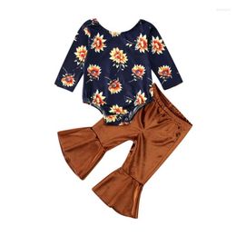 Kledingsets geboren baby meisje zonnebloem lente kleding bloemen top lange mouw met lange mouwen romper bodysuit fluweel broek wijd uitlopende broek outfit set