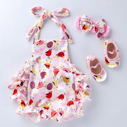 Ensembles de vêtements pour bébés filles, vêtements de pâques, sans manches, imprimés de dessin animé, barboteuse, body, bandeau, chaussures, tenue