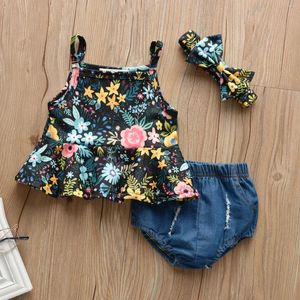 Kledingsets Born Baby Baby Meisjes Bloemen Jarretelvest Tops Denim Shorts Outfits Set Herfstmaat 14