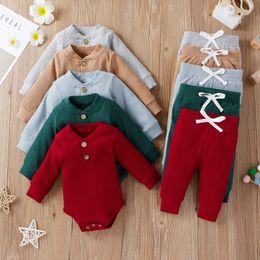 Ensembles de vêtements né infantile tricot bébé garçon fille vêtements ensemble à manches longues bouton barboteuse pantalon tenues automne hiver coton bébé vêtements 024M 230201