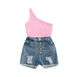 Ensembles de vêtements nés enfants bébés filles tenues vêtements vêtements une épaule débardeurs et trous déchirés jeans shorts mode fille 1-6 ans