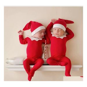 Ensembles de vêtements Born Knot Hat and Pyjama Set Infant Baby Prop Night Cap Footie Romper Elf Outfit Tenues de Noël Drop Delivery Kids Dhcrm