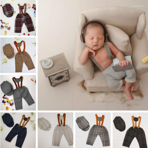 Ensembles de vêtements Born Pography Props Bébé Garçon Vêtements Pantalon à bretelles avec chapeaux Casquette à visière Infant Shoot Accessoires Design de mode