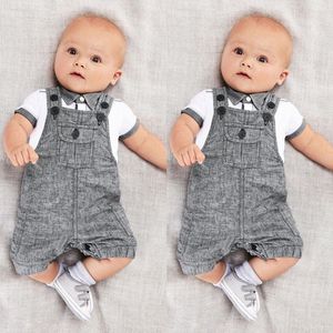 Kledingsets Born Toddler Baby Boys Summer 2pcs Kort mouw Turn-down kraagkleur Patchwork T-shirts Solid overalls Outfit 0-24 mClothing