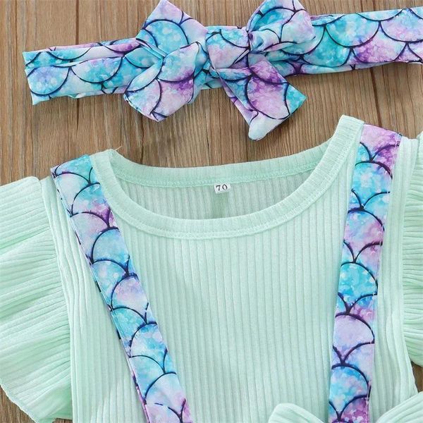 Conjuntos de ropa Nacido Niño Niña Trajes de verano Color Sólido Manga de costilla Camisetas Escala de pescado Suspender Shorts Diadema