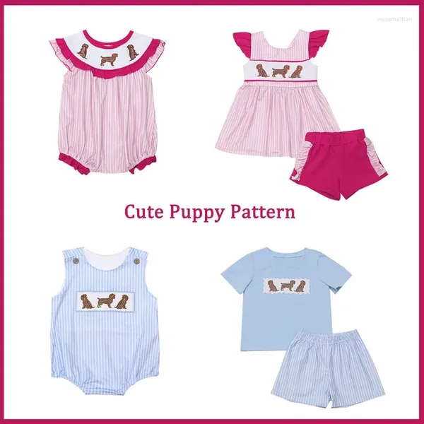 Vêtements Ensemble boutique bébé bébé fille rose rose à manches courtes t-shirt bleu set rond coud chiot broderie vêtus et costume latice