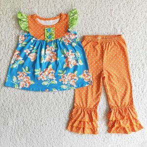 Ensembles de vêtements Boutique Design Girl Girl Sleeve Print Fleur Print Blouse Orange Polka Dot pantalon à volants Costume