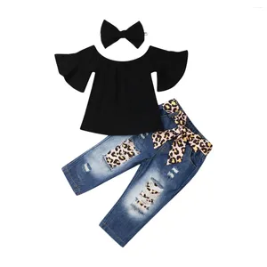 Ensembles de vêtements Boutique Girl Vêtements 3pcs Toddler Baby Girls Off-épaule Tops T-shirt Leopard Jeans Pantalon d'été