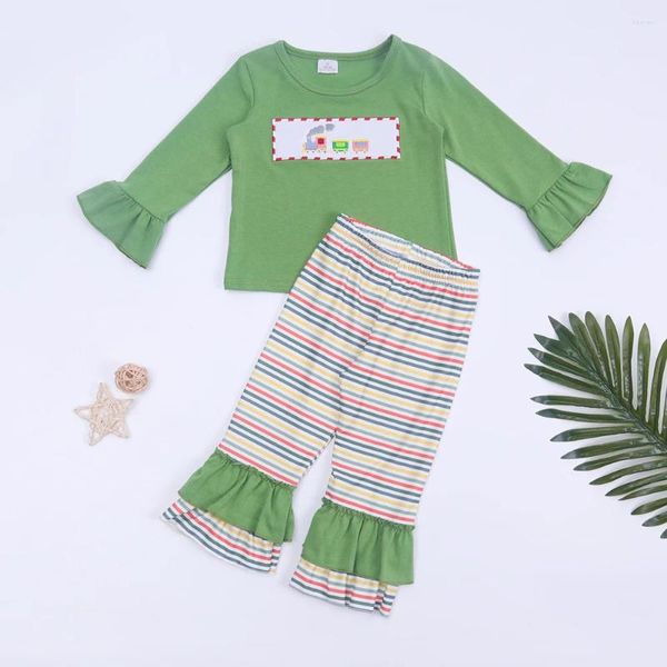 Ensembles de vêtements Boutique Toddler Tenues vertes Bébé Girls Vêtements Set Train Broderie Bodys Coton Stripe Pantalon à manches longues pour Babi Girl