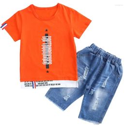 Ensemble de vêtements garçon 22 couleurs 4-14 ans Contrôle de vêtements Sport 2024 Fashion Summer Casual Short à manches T-shirt Jeans Ensemble d'enfants