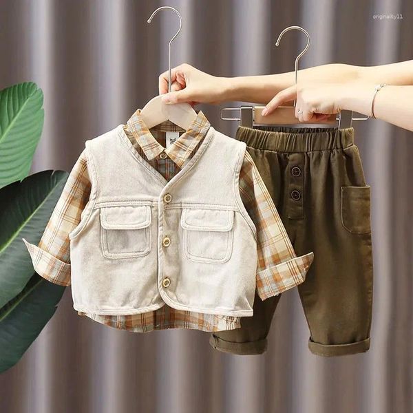Conjuntos de ropa para niño, traje de otoño, conjunto de tres piezas de 1 a 7 años, estilo coreano, moda de primavera, chaleco, camisa, pantalones, 2024
