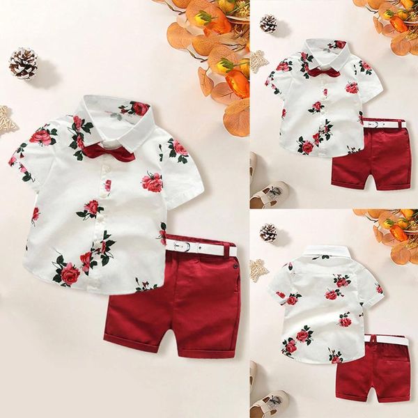 Ensembles de vêtements garçon bébé t-shirt tenue cravate gentleman costume enfant en bas âge ensemble pantalon rose shorts bretelles et pantalons de survêtement