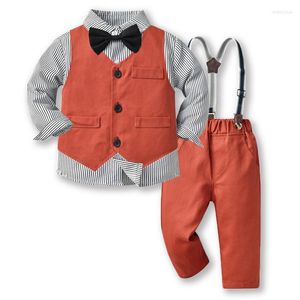 Kledingsets Boy Child Costume 1-7 jaar Verjaardagsfeestje Set gestreept shirt met lange mouwen met massief vestbroek Kids Fashion Outfits