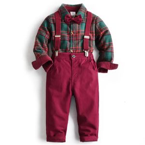 Kledingsets Kerstkostuum voor jongens Kinderen Kid Outfit Verjaardag Babyjongenskleding Groen Rood Geruit Babyshirt met lange mouwen Broekriemset 231120