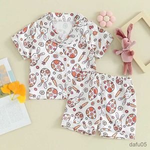 Kledingsets jongen kleding meisje paas pyjama's set eierbunny print revers knop omlaag korte mouwen met shorts set slaapkleding