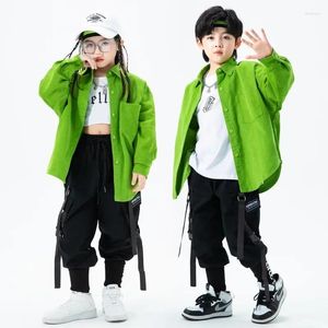 Conjuntos de ropa Boy Kpop Hip Hop Camisa de manga larga verde Top de gran tamaño Pantalones tácticos negros Ropa de calle para niños Traje de baile de jazz para niñas