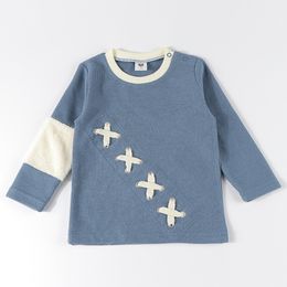 Ensembles de vêtements Garçon chemise gaufre tricot haut enfants t-shirt manches longues contraste fourrure patch enfants cordon hiver garçons col rond vêtements 230224