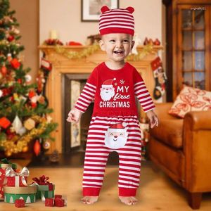 Kledingsets Jongens Kerstoutfit 3 stks katoenen bodysuitbroek en hoed rood wit gestreepte winter set warme gezellige peuter pyjama's