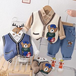 Kledingsets Jongenskleding Lente Herfst Kinderen Gebreid Vest Shirts Jeans 3 stks Trainingspakken Voor Baby Meisje Feestpak Denim Broek outfits