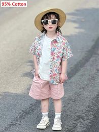 Kledingsets jongens bloemen zomer shirt shorts tweedelig outfits set 2024 Koreaanse kinderkleding frisse verjaardag roze jas 2-9y