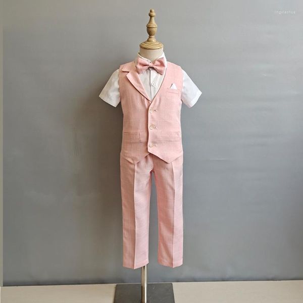 Conjuntos de ropa para niños, traje Formal de cumpleaños para niños, chaleco rosa, camisa, pantalones, pajarita, vestido de boda, disfraz de graduación para niños y adolescentes