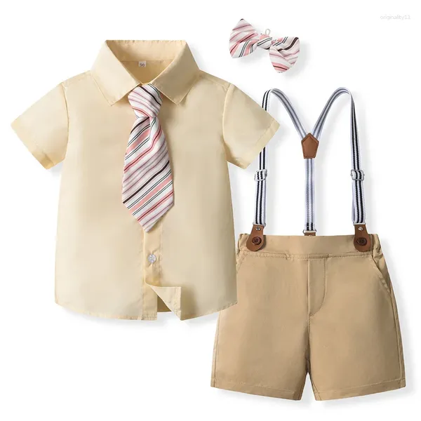 Ensembles de vêtements Garçons Gentleman Tenues Col à revers Boutonné Hauts Bretelles Shorts Noeud Papillon Enfant En Bas Âge Petit Ensemble De Vêtements D'été