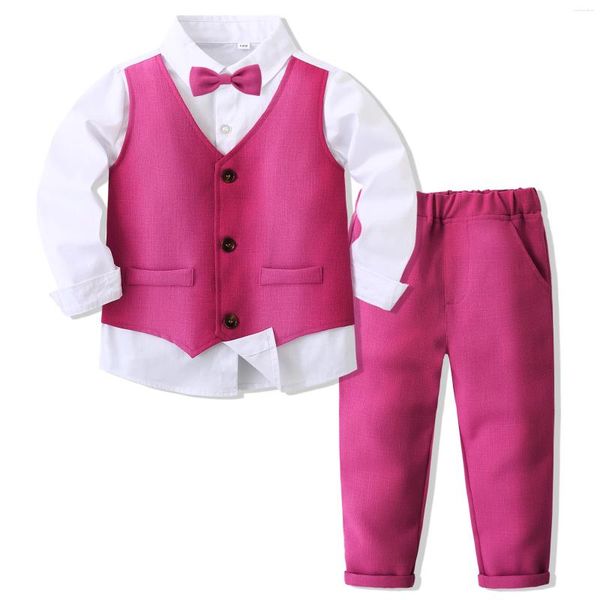 Ensembles de vêtements Garçons Tenues Rose Gilet Faux Deux Pièces Chemises Enfant Automne Printemps Vêtements Enfants Première Fleur Costume Coton Mariage Porter 1-5