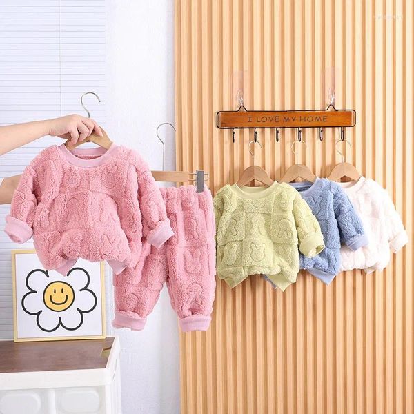 Conjuntos de ropa Pijamas para niños Franela Bebé Niña Otoño e invierno Ropa para el hogar Traje de lana gruesa Cálido Marea de dos piezas