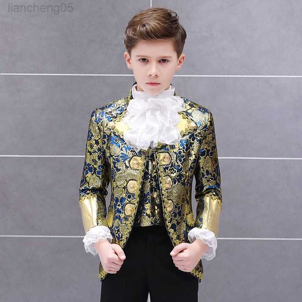 Conjuntos de ropa Niños Retro Corte Europea Conjunto de ropa Niño Príncipe Encantador Drama Show Vestido Traje Niños Blazer Chaleco Pantalones Collar Traje de flores W0222