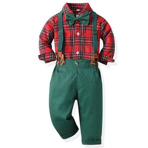 Ensembles de vêtements Ensemble pour garçons Nouveaux enfants Robe de monsieur de Noël à manches longues Chemise à motif uni Automne Hiver Pantalon vert Ensemble de boutique pour enfants 231114