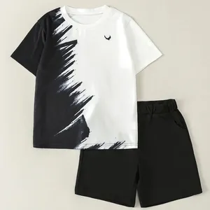 Kleding sets jongens eenvoudige mode zwart en wit bijpassende vogelprint ronde nek t-shirt met alle praktische pocket shorts set