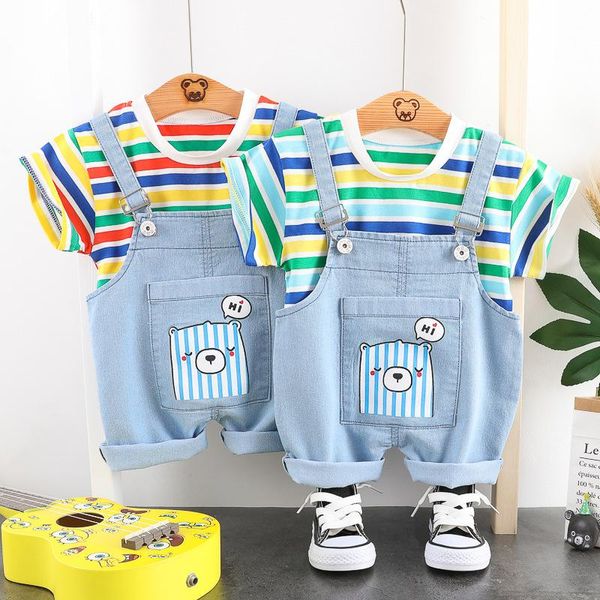 Conjuntos de ropa Camiseta de rayas de niños+pantalones de suspender de mezclilla 2 PCS Traje 2021 Summer Camina corta Niños Niños Lintas Overfits Baby Baby