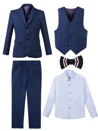 Kledingsets Boys 'Suit Bow Tie vijf delige set Gentlemen's Blue Comme Geroolde gestreepte formele jurk