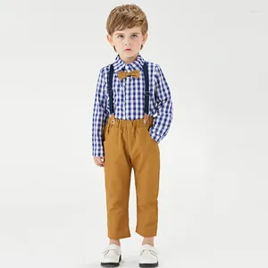 Ensembles de vêtements costume pour garçons mode chemise à manches longues à carreaux noeud papillon pantalon à bretelles deux pièces pour enfants