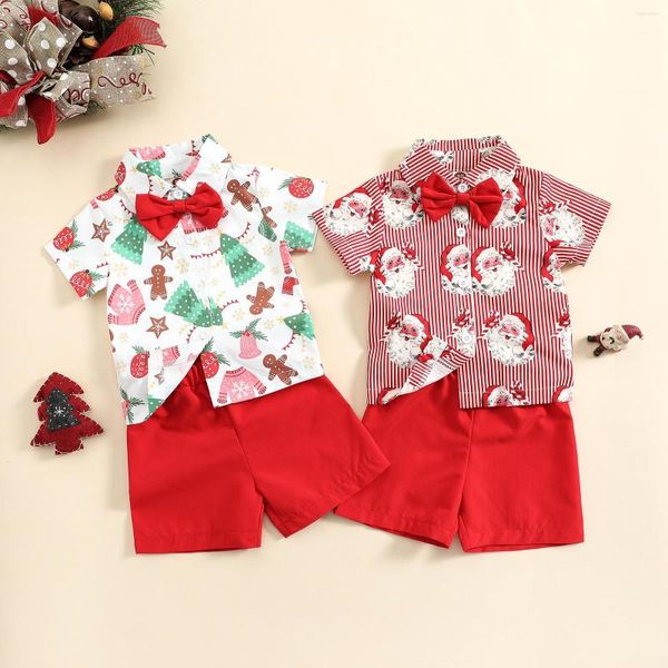 Conjuntos de ropa para niños, trajes de caballero de verano, camiseta de manga corta con estampado de Papá Noel/árbol de Navidad con pajarita y conjunto de pantalones cortos informales