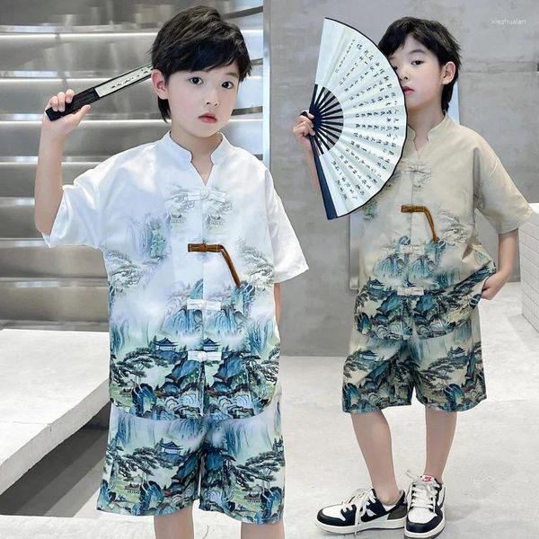 Vêtements Ensembles garçons Summer Tang Suit 2024 moyen enfants chinois Hanfu tendance