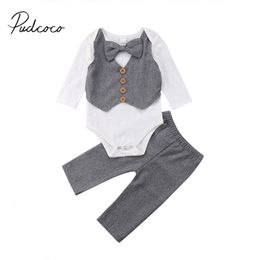 Kleding Sets Merk geboren Baby Baby Jongens Gentleman Kleding 2 STUKS Lange Mouw Strik Grijs Formele Romper TopsLong Broek Party Outfit 230617