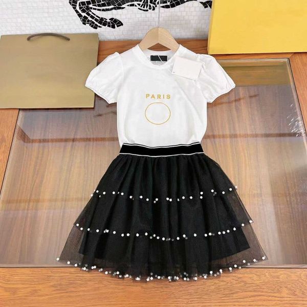 Ensembles de vêtements marque vêtements pour enfants 2022 été blanc t-shirt jupe petite fille 2 pièces costume haut perles gaze jupe fille costume W230210