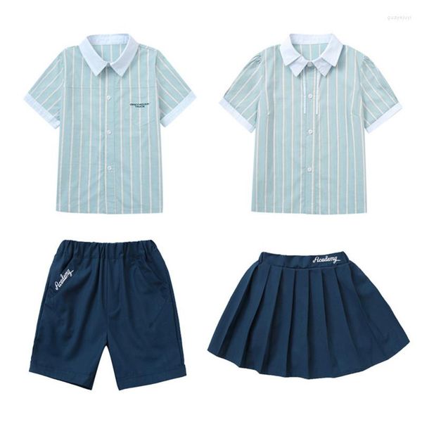 Conjuntos de ropa Ropa de jardín de infantes de estilo británico Uniformes de escuela primaria Camisa de rayas verticales de verano Falda azul marino Pantalones cortos Estudiante