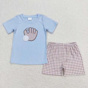 Ensembles de vêtements BSSO0723 Bébé garçons Vêtements brodés Blue Blue à manches courtes Shorts à carreaux Summer Boutique en gros pour filles