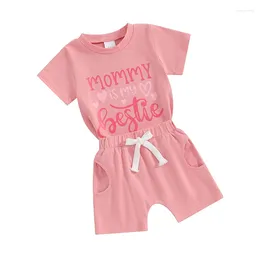 Ensembles de vêtements Carolilly 2 pièces bébé fille tenues d'été lettre coeur imprimé manches courtes col rond T-shirt MaMa S Ie élastique