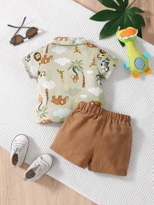 Kledingsets Cartoon Animal Print Short Sheeved Rapel Shirt+Khaki Shorts Baby Boy Set