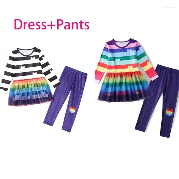 Vêtements Ensembles Dessin animé Chats Vêtements Bébé Filles Robe à manches longues et pantalons leggings 2pcs Ensemble enfants arc-en-ciel rayé carnaval cosplay tenues