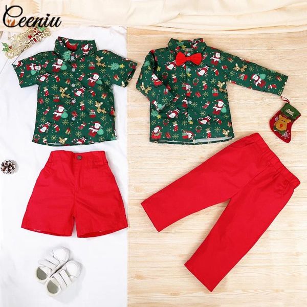 Conjuntos de ropa Ceeniu 1-5Y Traje de año para niño Traje de Navidad Santa Deer Impreso Corbata Camisas y pantalones rojos Ropa para niños